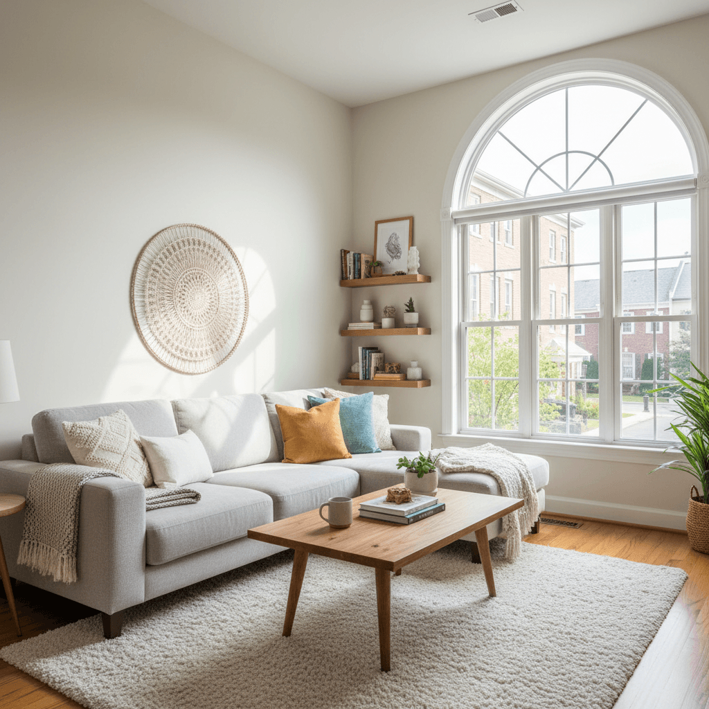 Bright living room with a comfortable couch, ready for guests