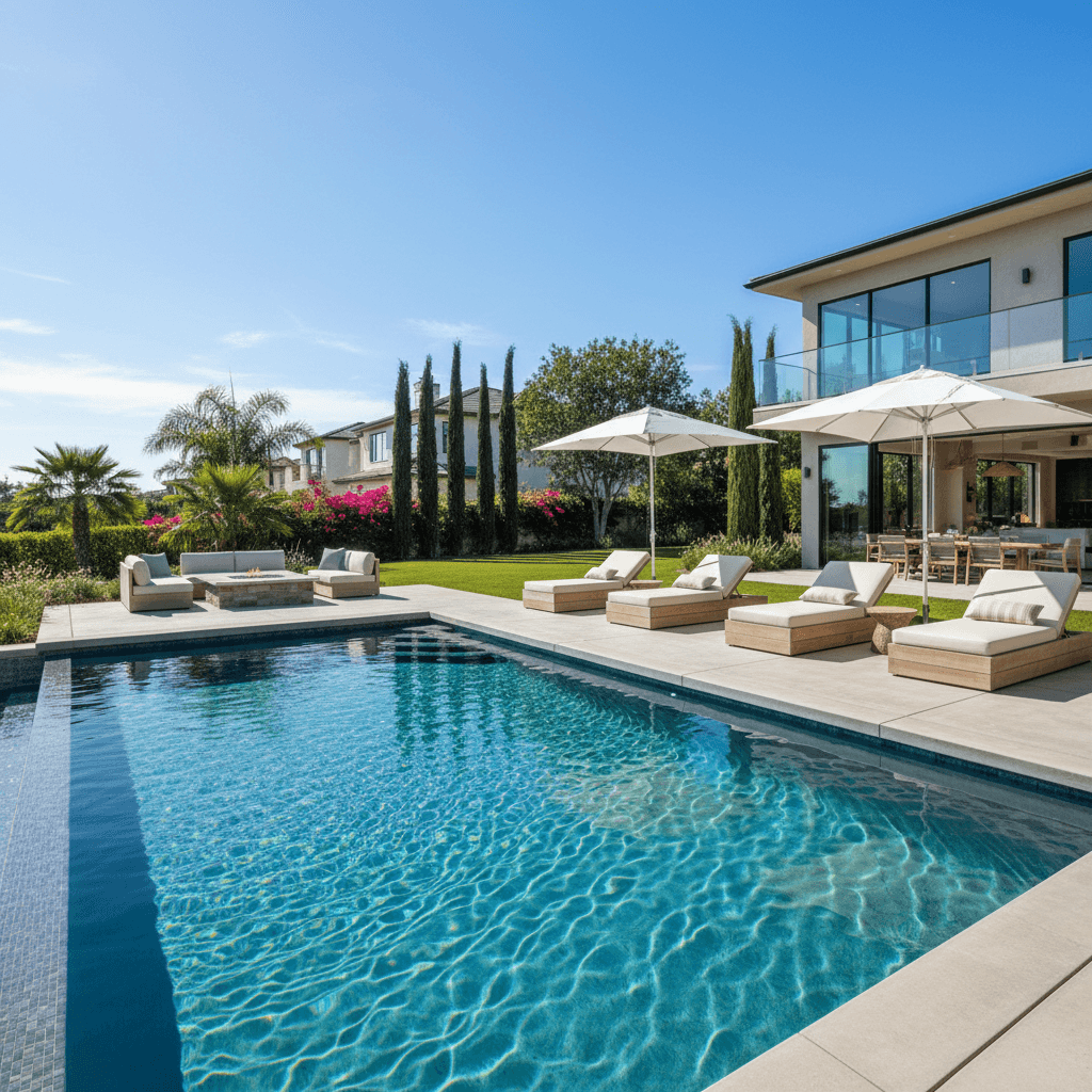 The on-site pool out back, a quick walk from the kitchen door
