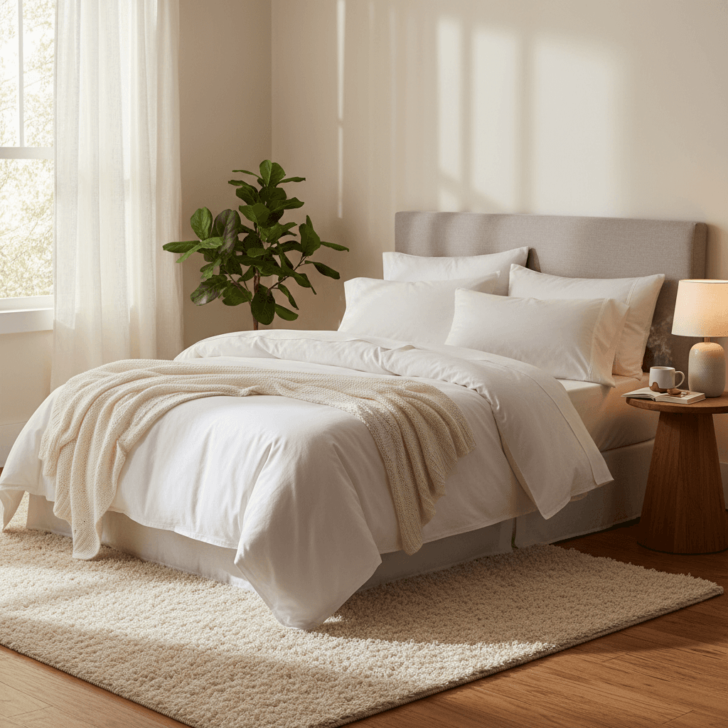 Queen bed with clean white bedding in home bedroom