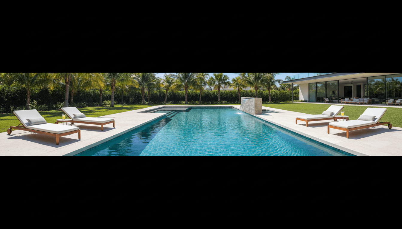 Backyard swimming pool with lounge chairs and clear water
