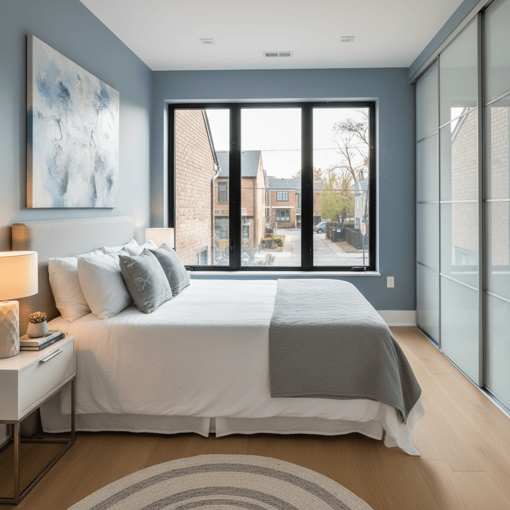 One of the three bedrooms with a queen bed and soft morning light