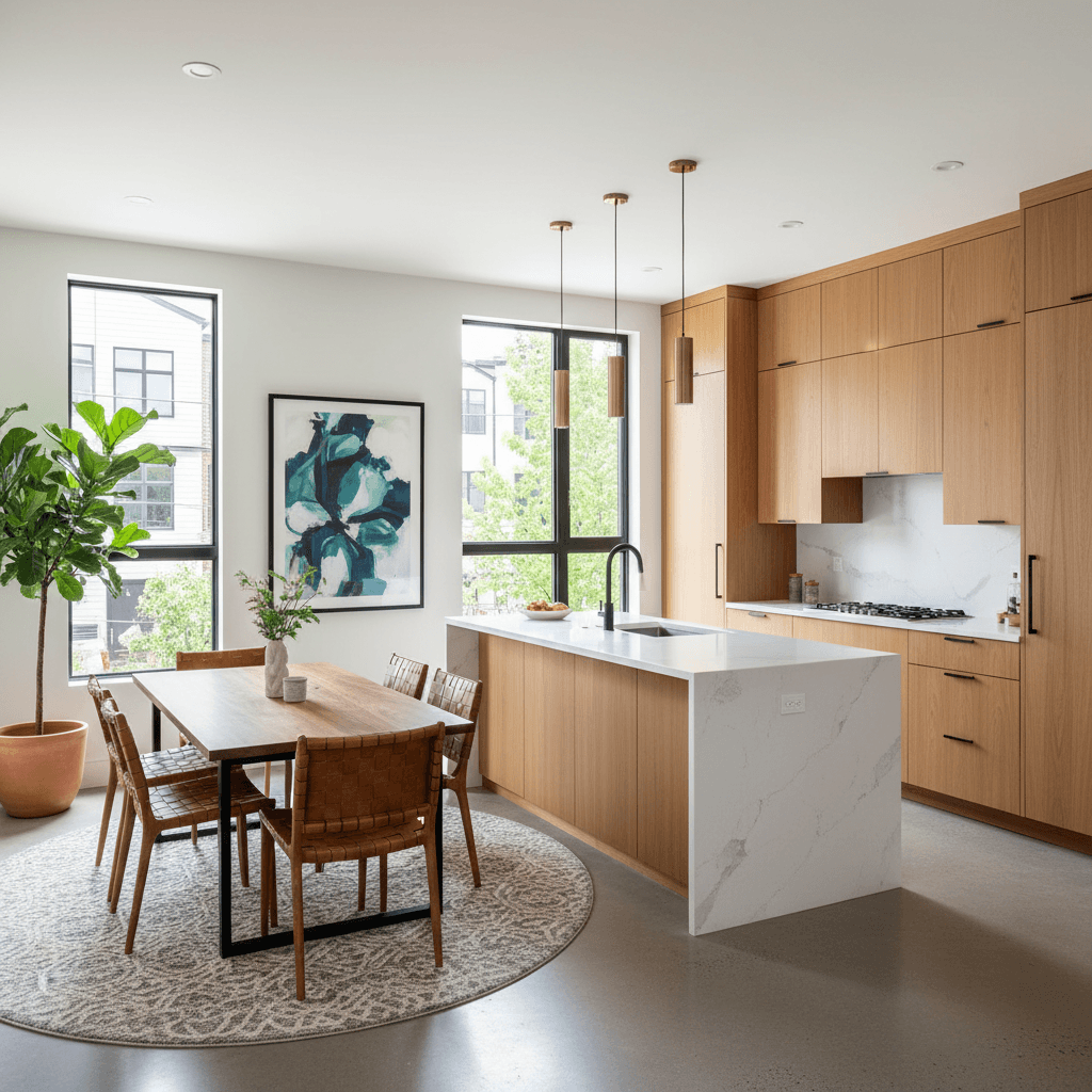 Full kitchen with wooden cabinets and a table for meals