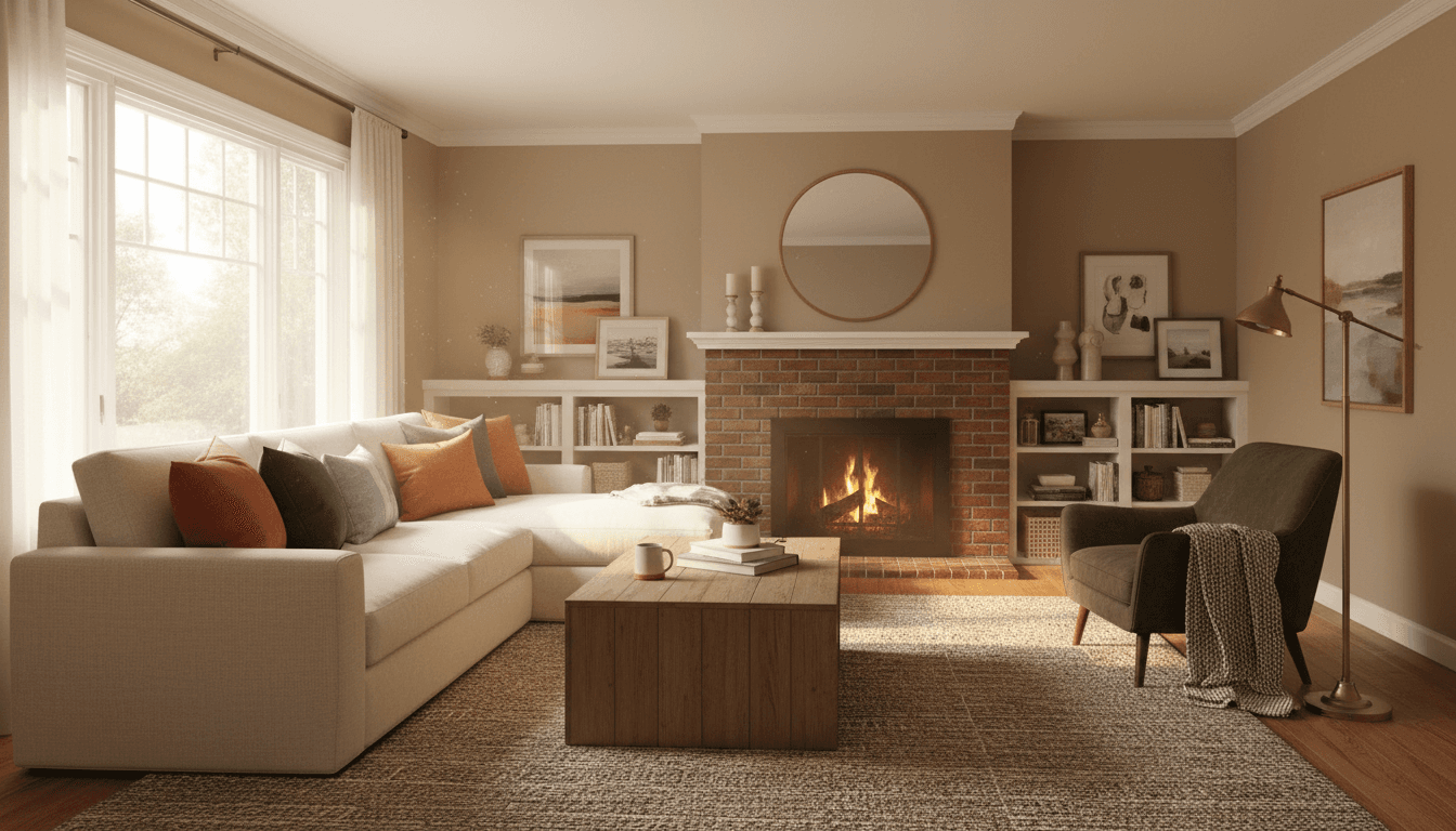 Cozy townhome living room with comfortable furniture in warm natural light