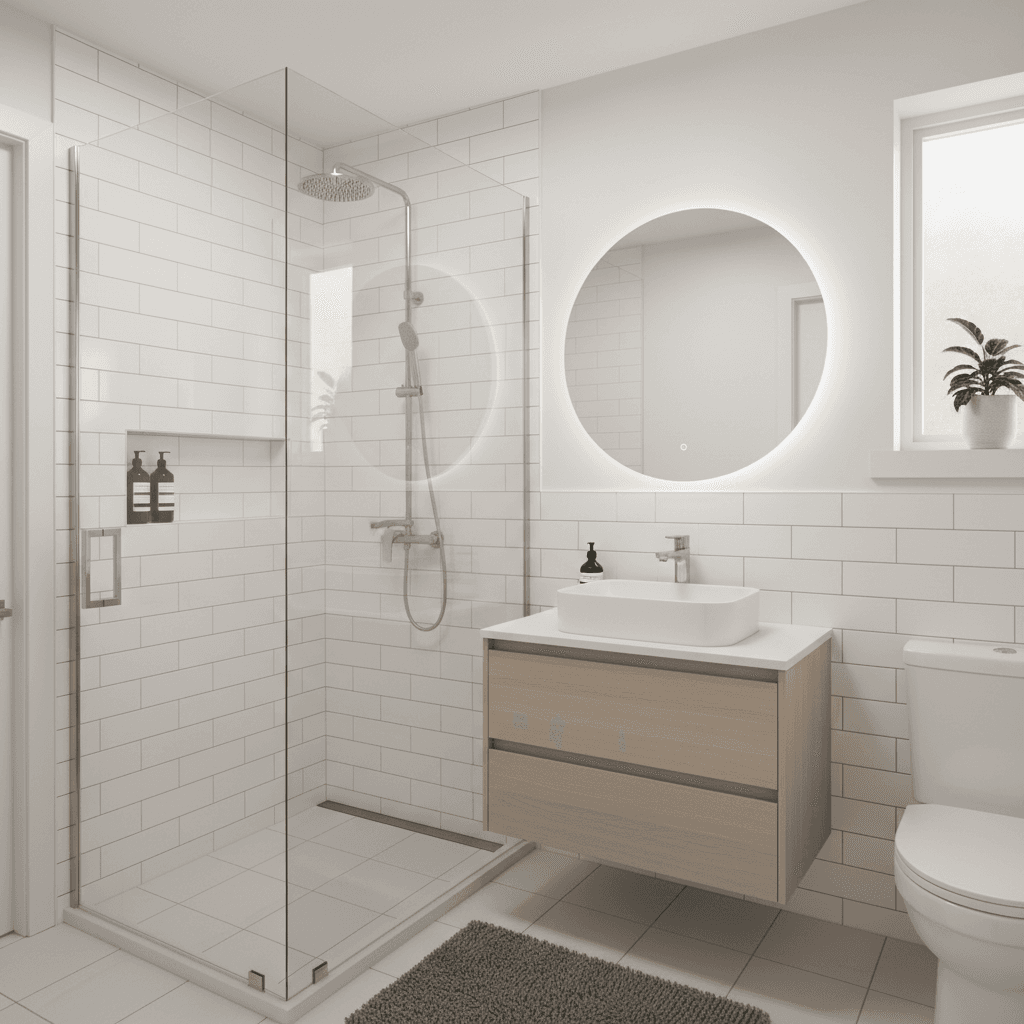 Clean bathroom with white tile and a walk-in shower