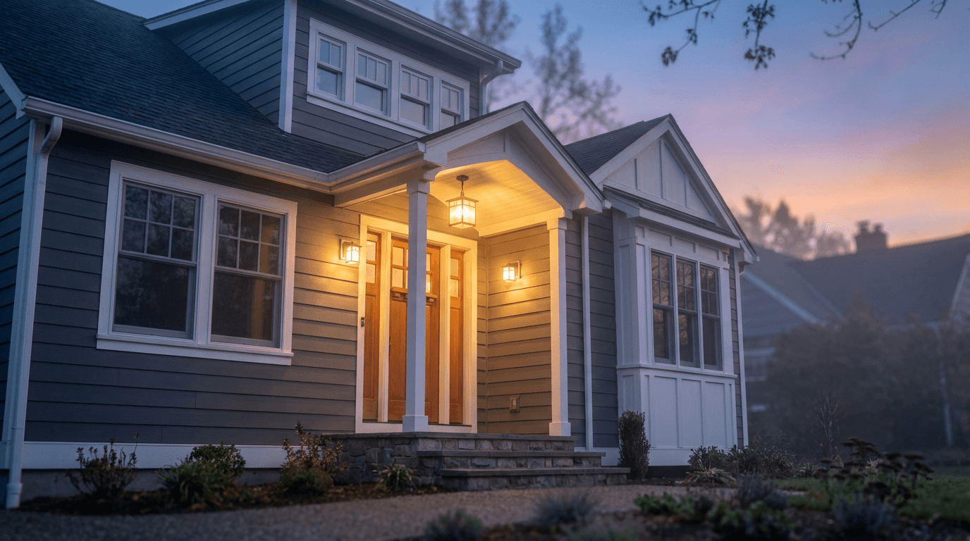 Cozy town home exterior with warm porch light at dusk