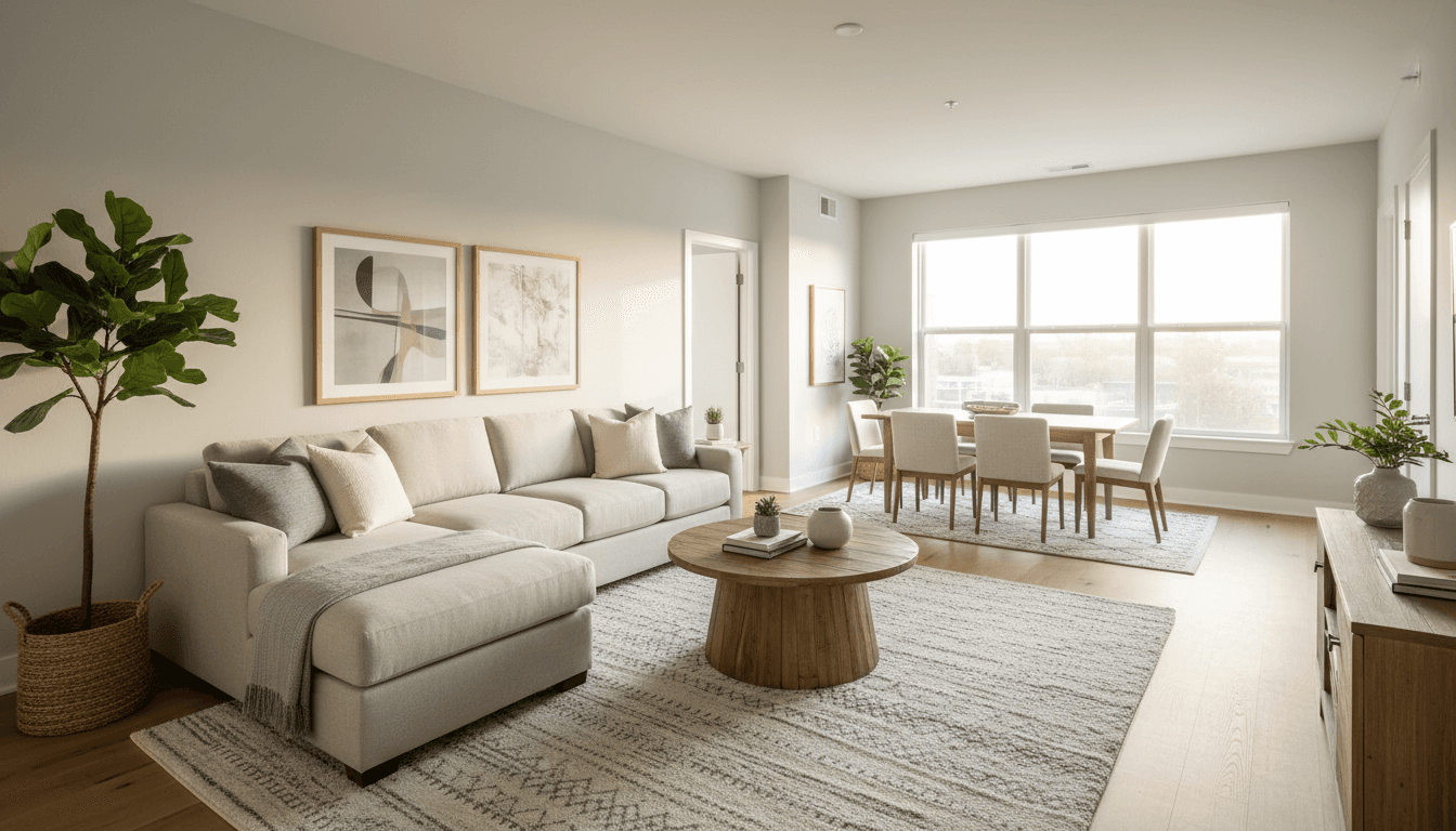 Bright living room with a comfortable sofa and natural light