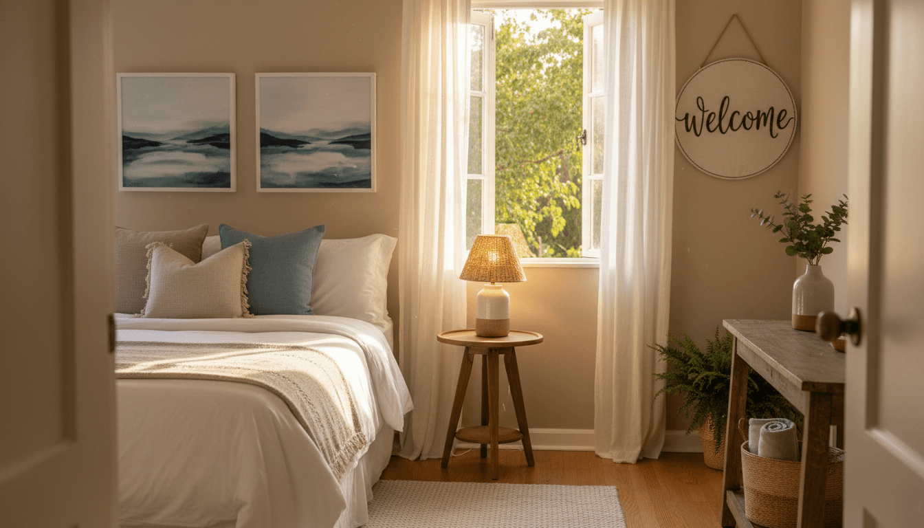 One of the three bedrooms with a made bed