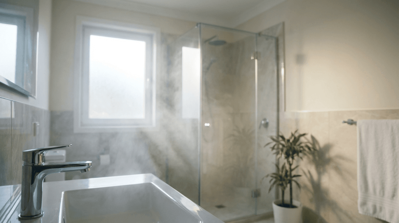 Bright modern bathroom with walk-in shower and white towels